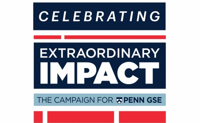 The word “Celebrating” appears in a dark blue horizontal block. Below it is a logo made of dark blue, light blue, and bright red blocks against a white background. The logo reads, “Extraordinary Impact: The Campaign for Penn GSE.”