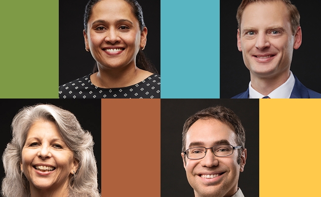Headshots of faculty members Betty Chandy, Zachary Herrmann, Caroline Watts, and Ryan Baker are separated by colorful rectangles
