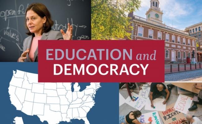 Four tiled images include a professor speaking in front of a blackboard, Independence Hall against a clear sky, a white graphic illustration of the map of USA against a dark blue background, and protestors creating human rights signs. A large red block in the center reads “Education and Democracy.”