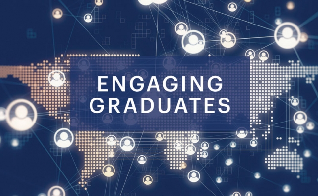 A digital world map lit up by several points of light against a navy blue background. Icons symbolizing people are linked by beams across the map and beyond. A headline reads, “Engaging Graduates.”