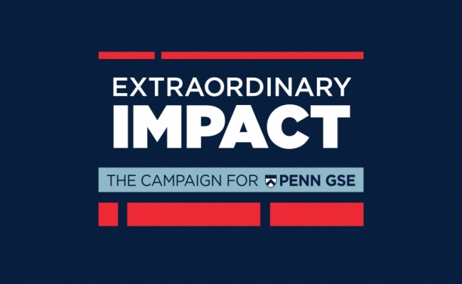 A logo made of dark blue, light blue, and bright red blocks appears against a dark blue background. The logo reads, “Extraordinary Impact: The Campaign for Penn GSE.”