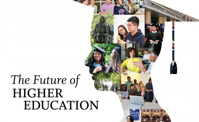 A silhouette of a student’s head in a graduation cap is filled with various images of the Penn GSE building, Penn campus views, students, and faculty. A headline reads, “The Future of Higher Education