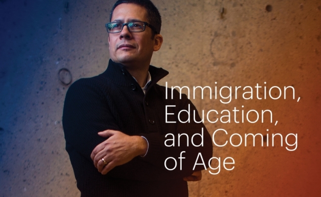 Profile shot shows Dr. Roberto Gonzales with hands crossed and looking over his right shoulder, against a gradient backdrop with blue and red color tones. White text on the image reads, “Immigration, Education, and Coming of Age.”]