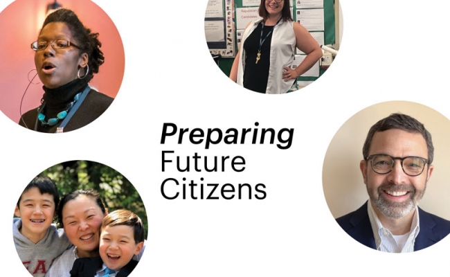 Circle-shaped headshots of three Penn GSE alumni appear against a white background with the headline “Preparing Future Citizens."