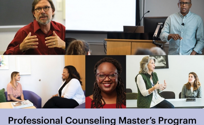 Faculty appear in clasrooms in five tiled images. A lavender bar across the bottom reads, “Professional Counseling Master’s Program.”