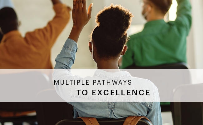 A view behind several students in a classroom, each with a raised hand. Text reads “Multiple Pathways to Excellence.”