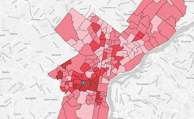 A map of Philadelphia showing school catchment areas with darker shades of red to indicate areas where Penn GSE has students or researchers working