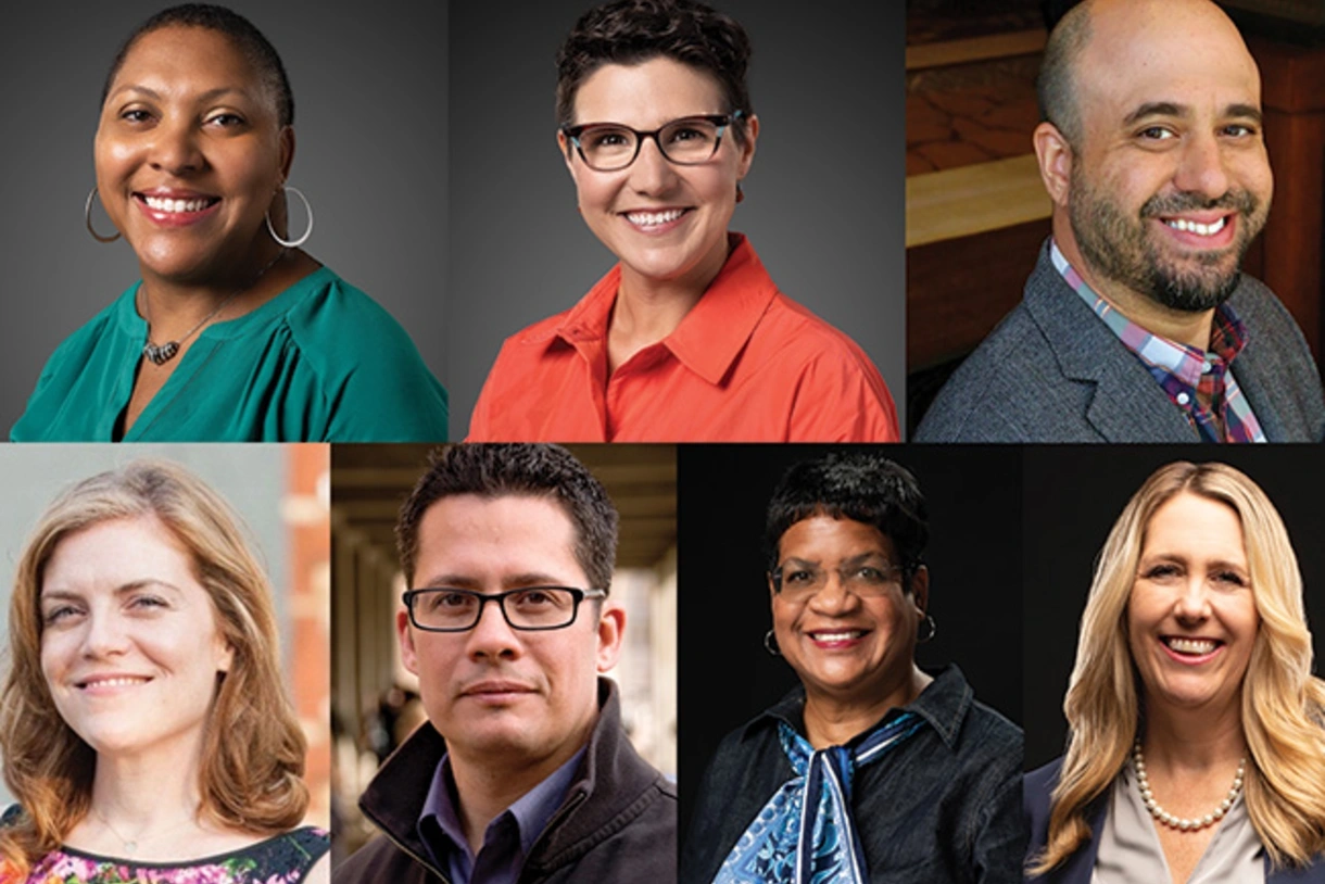 Two rows of headshots next to each other. Clockwise from top left, Charlotte Jacobs, Sarah Kavanagh, Alex Posecznick, Amy Stornaiuolo, Diane Waff, Roberto Gonzalez, and Jen McLaughlin Cahill