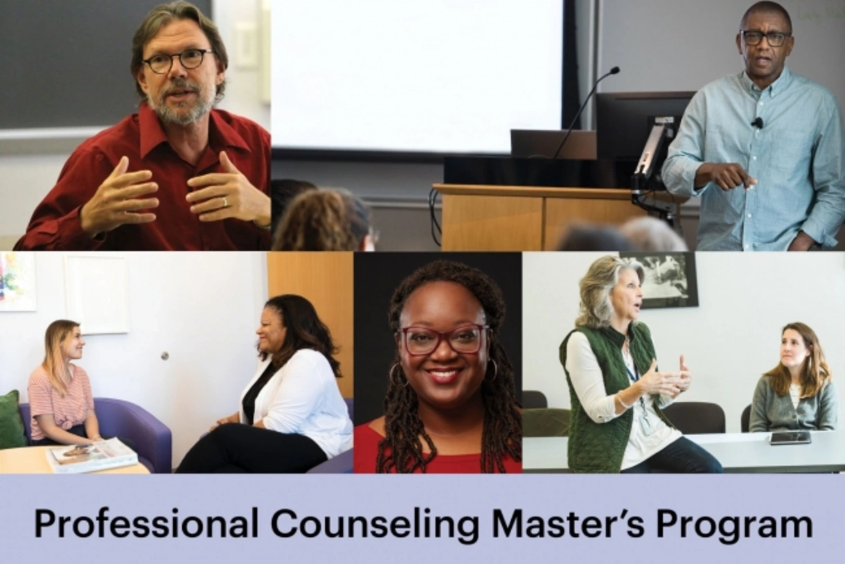 Faculty appear in clasrooms in five tiled images. A lavender bar across the bottom reads, “Professional Counseling Master’s Program.”