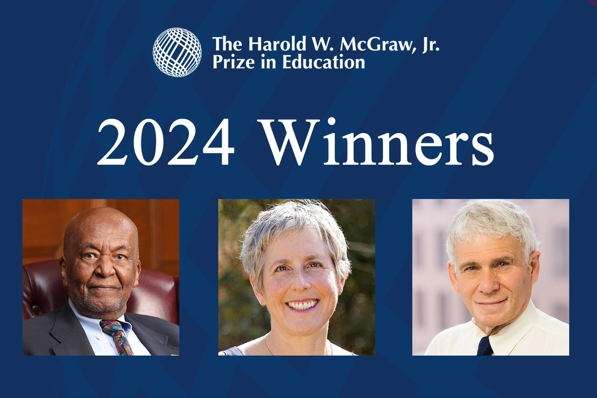 graphic depicting the Harold W. McGraw, Jr. Prize in Education logo and the three 2024 winners on a blue background, from left, Edmund W. Gordon, Jody Lewen, and Robert Lerman