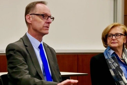 Two of the policy brief co-authors Scott Pattison, left, and Joni Finney, right, speaking at Penn GSE in November, 2019.