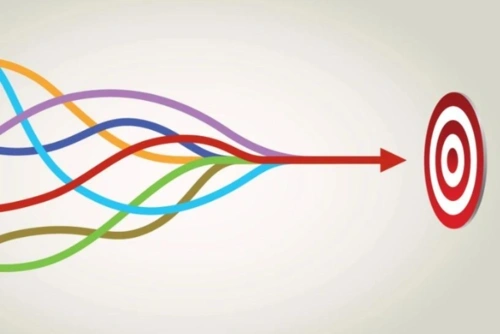 Multiple curving lines of various colors. As they cross the image horizontally, they collect together into one red line with an arrow head towards a bullseye.