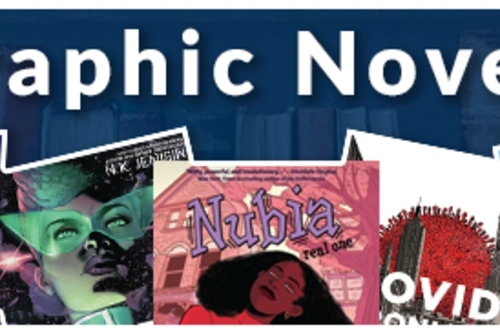 Graphic Novels banner text above cover images of some of the reccomended Graphic Novels Books