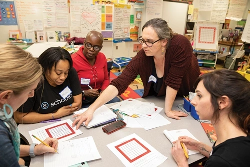 The collaborative lesson design cycle is Plan (RMT lessons collaboratively), Enact Lesson (in own school), Debrief (using artifacts). The Teach PD cycles is Analyze (videos of practice) and Rehearse (RMT practices).