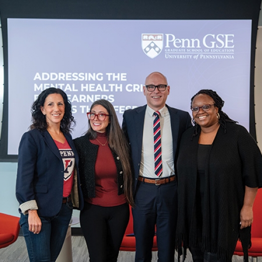 Dean Katharine Strunk, from left, Noémie Le Pertel, Benoit Dubé, and Ariane Thomas are pictured after their Homecoming panel