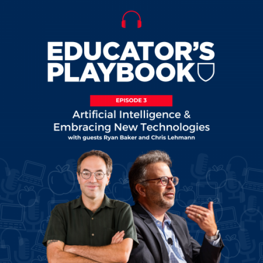 Podcast episode cover artwork featuring the Educator’s Playbook show name, this episode’s number and title, and cut-out images of the show guests.