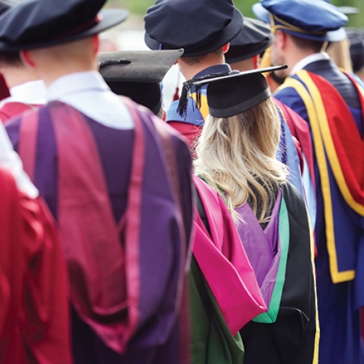 University faculty and leadership wearing commencement regalia including hoods in many colors stand in a row with their backs to the camera