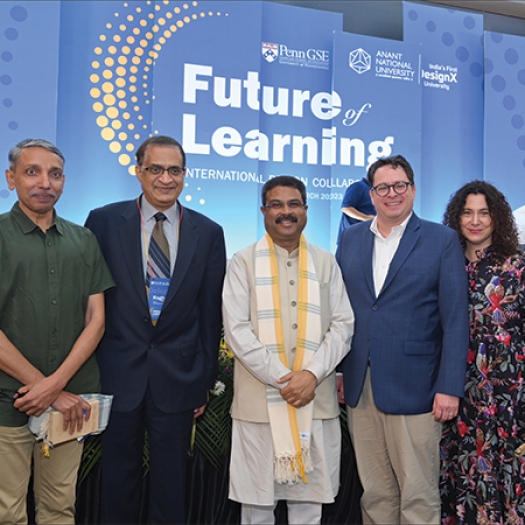 From left to right, University Grants Commission Chairman Mamidala Jagadesh Kumar, Penn GSE's Raghu Krishnamoorthy, Education Minister Shri Dharmendra Pradhan, and Penn GSE's Peter Eckel and Sharon Ravitch at Penn GSE and Anant National University's Future of Learning event in Ahmedabad, India.