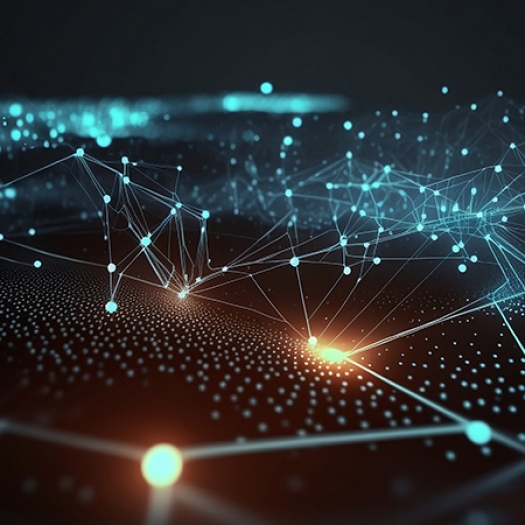 Clusters of dots representing data, most of which are connected by a network of lines.