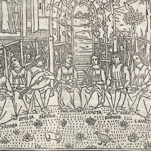 An illustration from The Decameron, showing people sitting in a circle telling a story. 