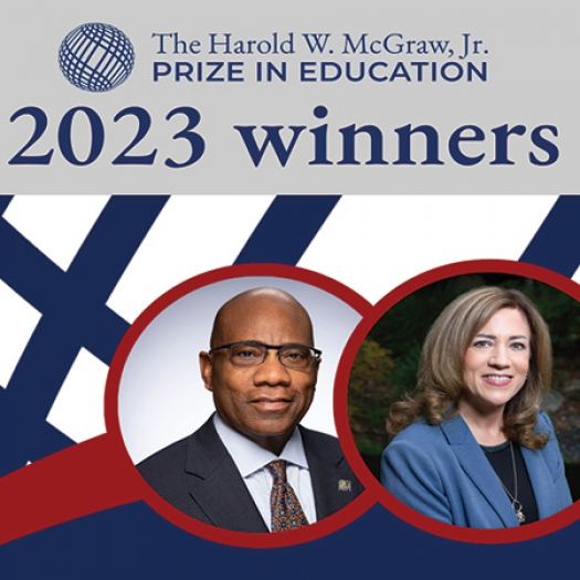 Superimposed over the McGraw Prize logo are two overlapping circles depicting 2023 prize winners, Morgan State University President Dr. David Wilson (left) and Superintendent of the Los Angeles County Office of Education Dr. Debra Duardo (right).