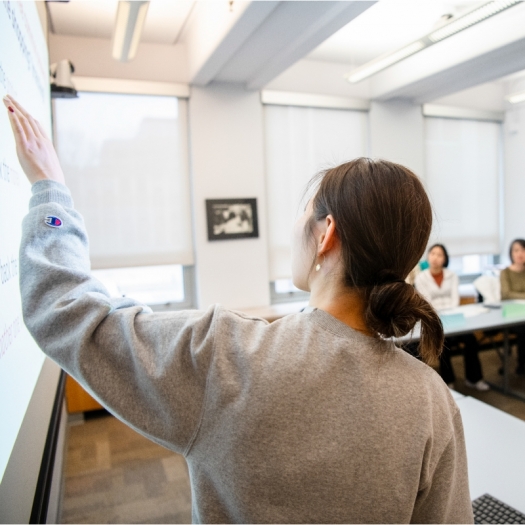 A GSE student points to her lesson on the board and she instructs a small classroom of adult learners who are seated around a table. 
