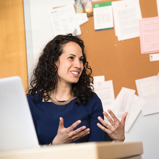 Sharon Wolf seated at her desk, smiling and gesturing with her hands as she speaks to a student
