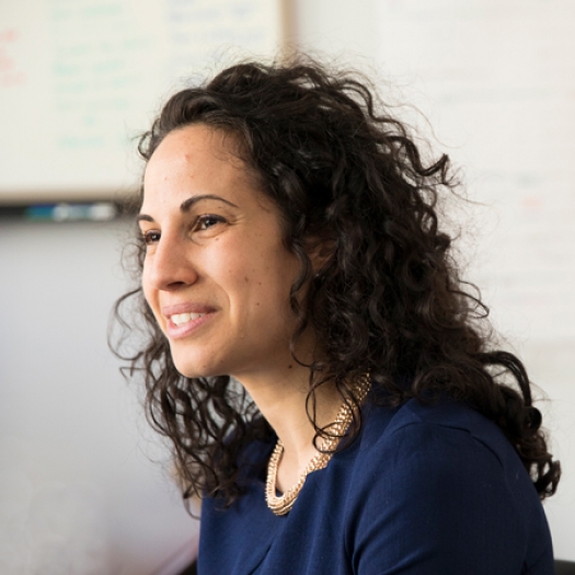 A headshot of Sharon Wolf smiling in profile in her classroom.