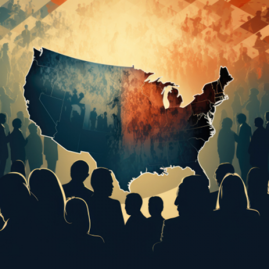 A graphic of a divided United States map in blue and red, with silhouetted figures in the foreground against a gradient background.
