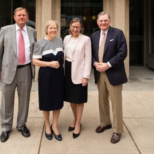The McGraw siblings (L-R) Robert, Suzanne and Harold III with Penn GSE Dean Pam Grossman (second from right).