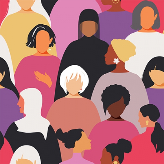 Colorful graphic of women of multiple races and ages mingling