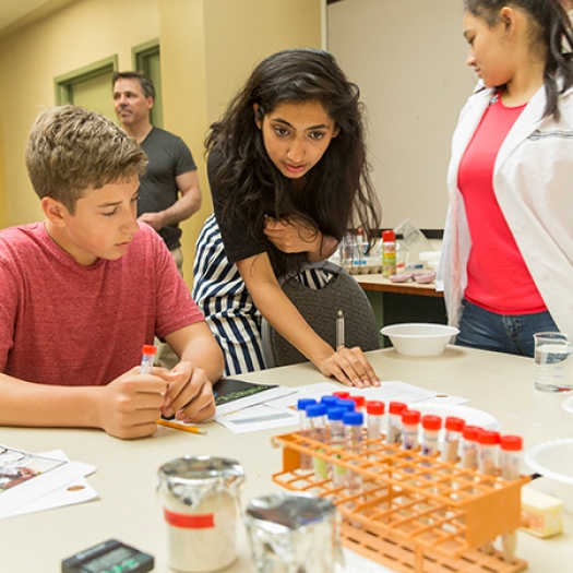 A teacher and student work on a biology project