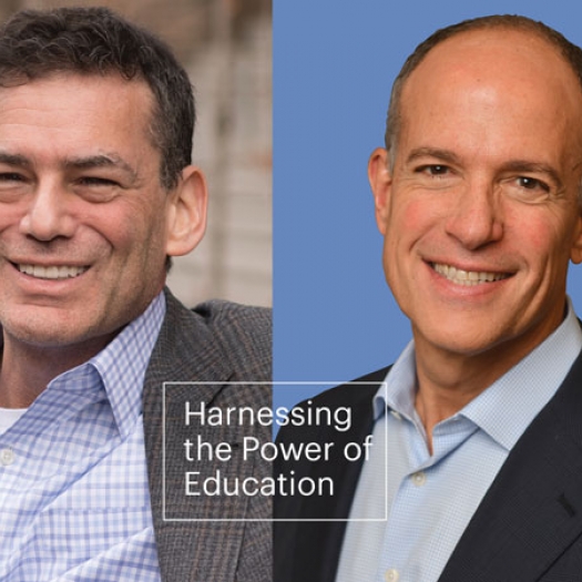 Headshots of David Roberts (left) and Doug Korn (right) appear with a boxed headline that says “Harnessing the Power of Education.”]