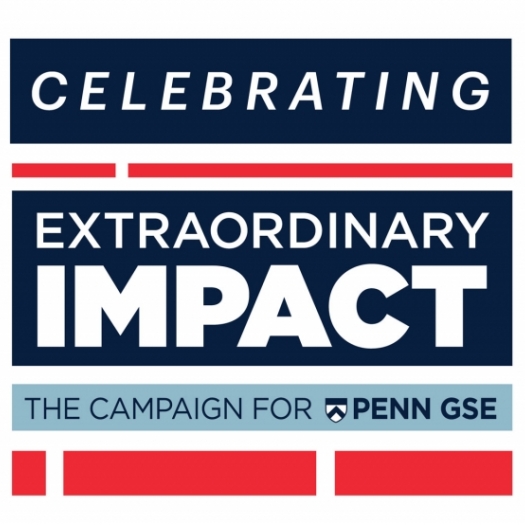 The word “Celebrating” appears in a dark blue horizontal block. Below it is a logo made of dark blue, light blue, and bright red blocks against a white background. The logo reads, “Extraordinary Impact: The Campaign for Penn GSE.”