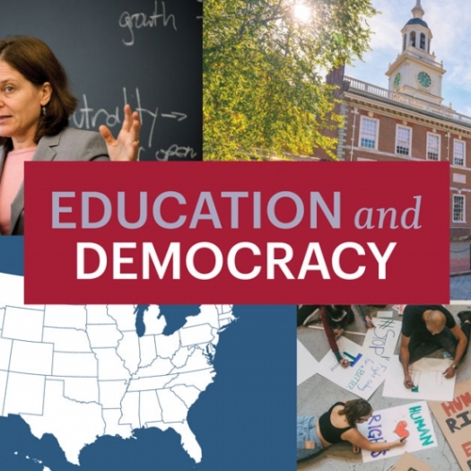 Four tiled images include a professor speaking in front of a blackboard, Independence Hall against a clear sky, a white graphic illustration of the map of USA against a dark blue background, and protestors creating human rights signs. A large red block in the center reads “Education and Democracy.”