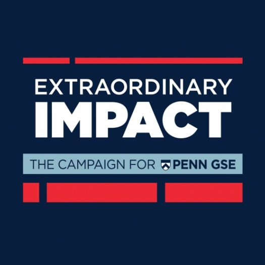 A logo made of dark blue, light blue, and bright red blocks appears against a dark blue background. The logo reads, “Extraordinary Impact: The Campaign for Penn GSE.”
