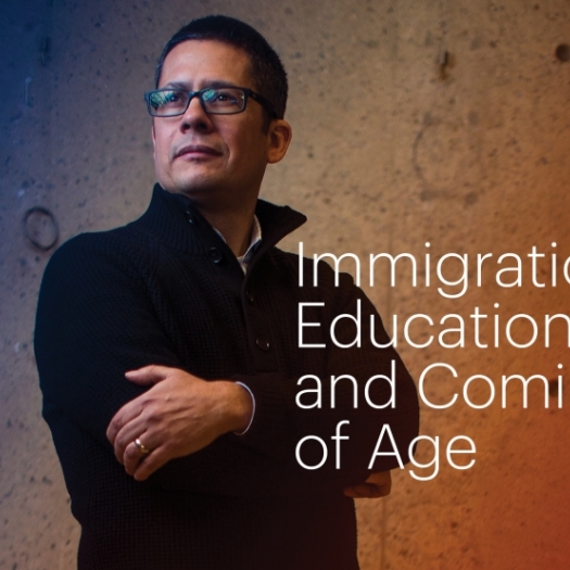 Profile shot shows Dr. Roberto Gonzales with hands crossed and looking over his right shoulder, against a gradient backdrop with blue and red color tones. White text on the image reads, “Immigration, Education, and Coming of Age.”]