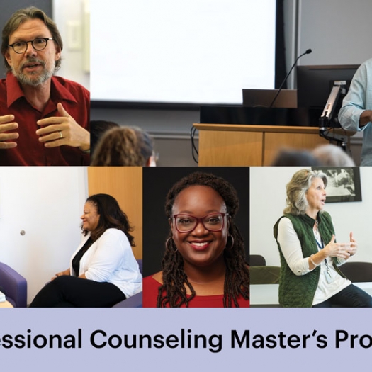 Faculty appear in clasrooms in five tiled images. A lavender bar across the bottom reads, “Professional Counseling Master’s Program.”