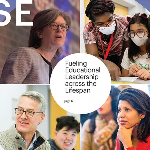The cover of the Spring 2022 issue of The Penn GSE Magazine. A disc with four images of educators and students has the title “Fueling Educational Leadership Across The Lifespan” in the center. Other headlines read “Alumni Shaping the Workforce,” “Asking Questions and Building Bridges,” and “Professional Growth through Collaboration.”