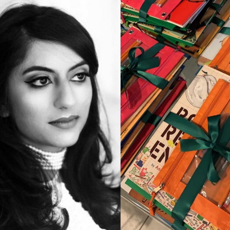 Headshot of Rina Madhani beside a photo of colorful literacy kits tied with ribbons