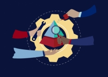 An illustration showing hands on a gear, symbolizing teamwork. 