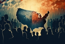 A graphic of a divided United States map in blue and red, with silhouetted figures in the foreground against a gradient background.
