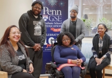 Penn GSE doctoral students Janay Garrett, Daris McInnis, Christopher R. Rogers, Laronnda Thompson, and Latricia Whitfield pose for a portrait.