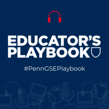 Cover artwork for Season One of the new Educator's Playbook podcast, featuring the title, series hashtag and little icons such as headphones, microphones and laptops ghosted against a navy blue background.