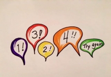 Speech bubbles with number counts inside them representing the theater game