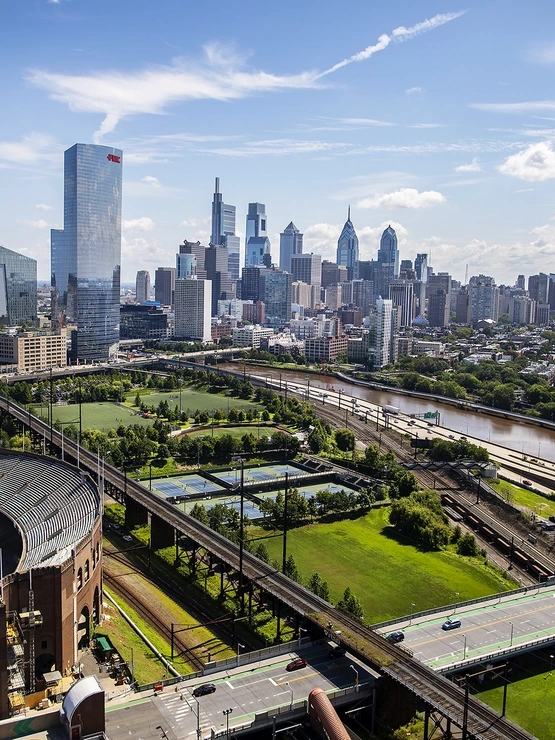 University of Pennsylvania skyline looking east with Penn Park in foreground