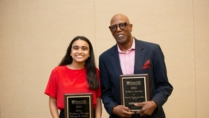 Penn GSE Annual Award recipients Saryu Sanghani and Leland McGee