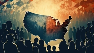 A graphic of a divided United States map in blue and red, with silhouetted figures in the foreground against a gradient background.
