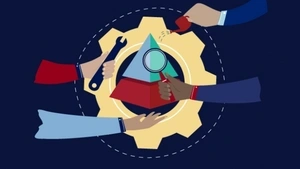 An illustration showing hands on a gear, symbolizing teamwork. 