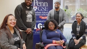 Penn GSE doctoral students Janay Garrett, Daris McInnis, Christopher R. Rogers, Laronnda Thompson, and Latricia Whitfield pose for a portrait.